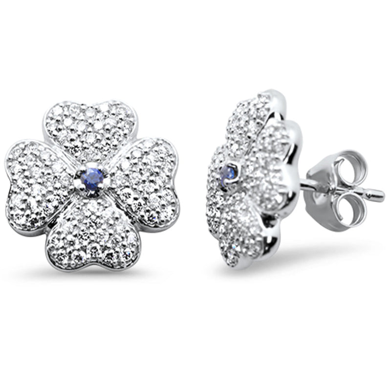 SPECIAL!.74ct G SI 14K White Gold Diamond & Blue Sapphire Gemstone Clover Earrings