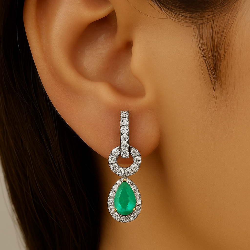 SPECIAL!.63ct G SI 14K Yellow Gold Diamond & Pear Shape Emerald Gemstone Drop Earrings