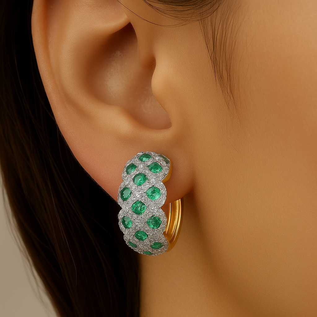 SPECIAL!1.69ct G SI 14K Yellow Gold Diamond & Emerald Gemstone Dome Earrings