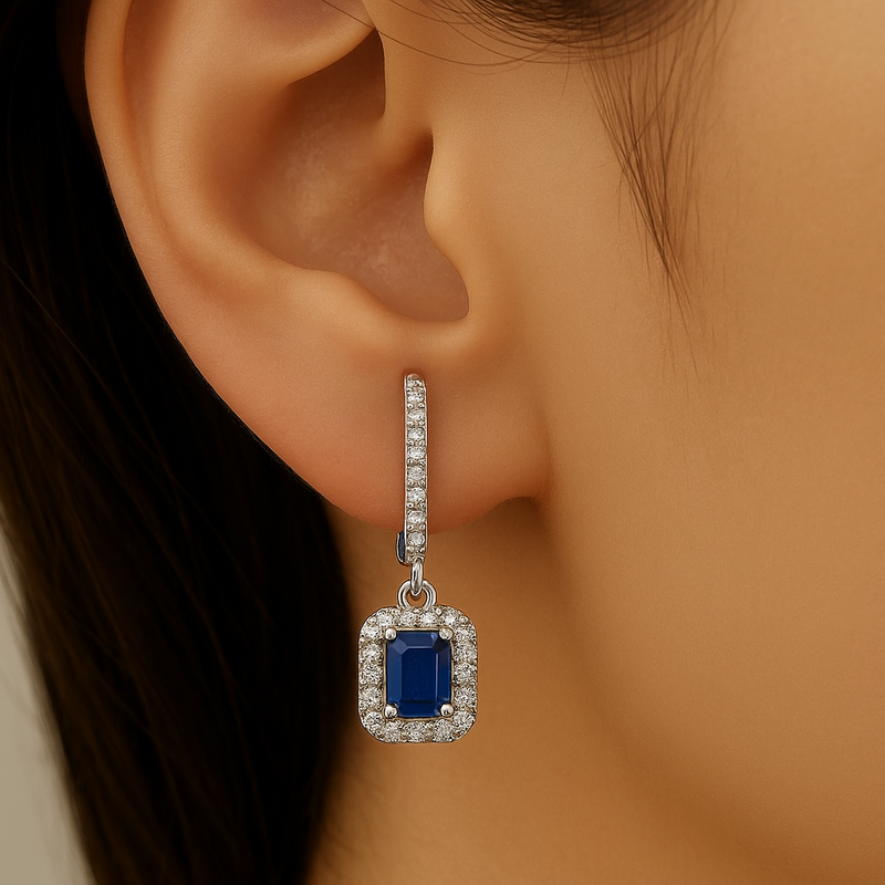 SPECIAL!.77ct G SI 14K White Gold Diamond & Blue Sapphire Gemstone Drop Earrings