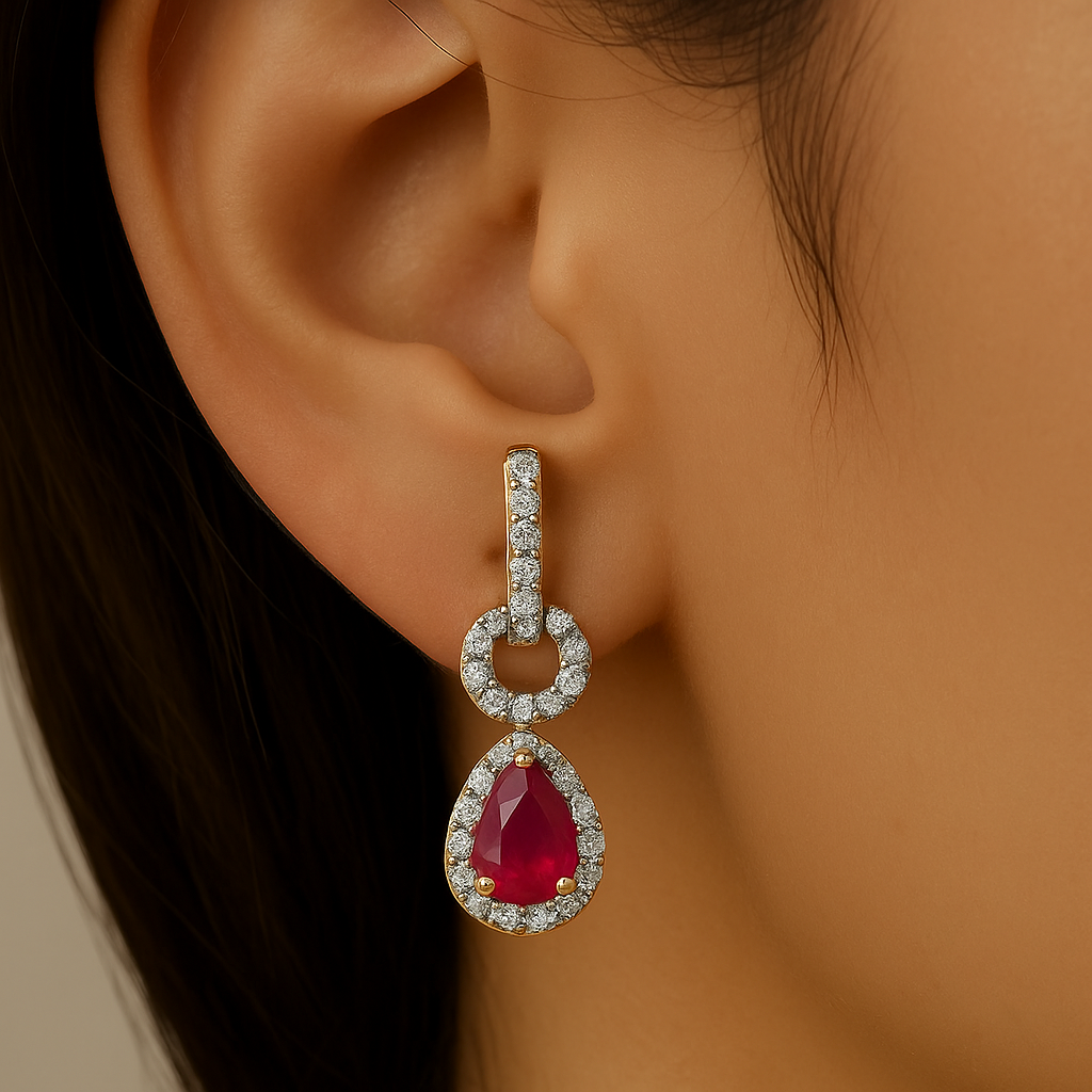 SPECIAL!.69ct G SI 14K Yellow Gold Diamond & Pear Shape Ruby Gemstone Drop Earrings