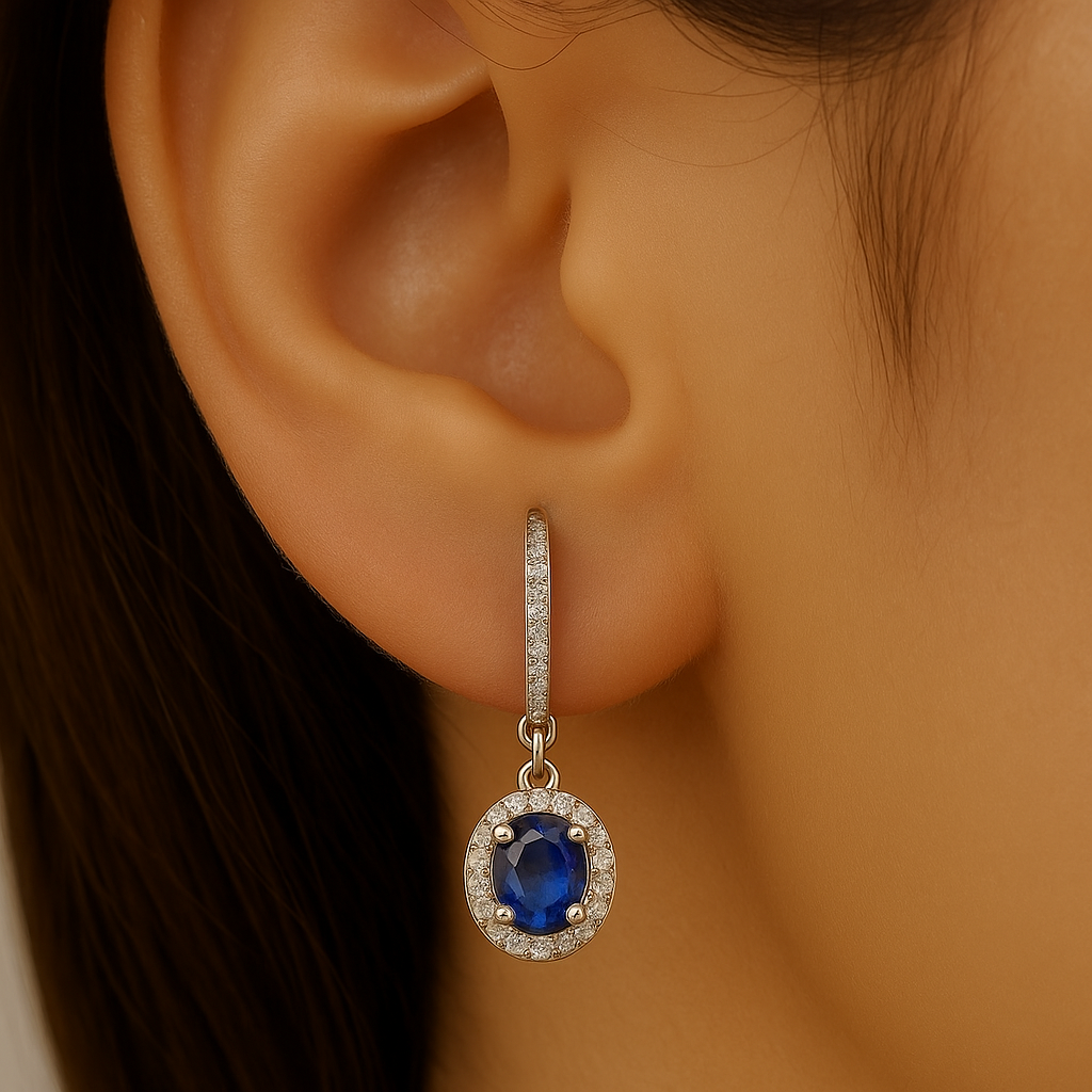 SPECIAL!.98ct G SI 14K White Gold Diamond & Oval Blue Sapphire Gemstone Drop Earrings