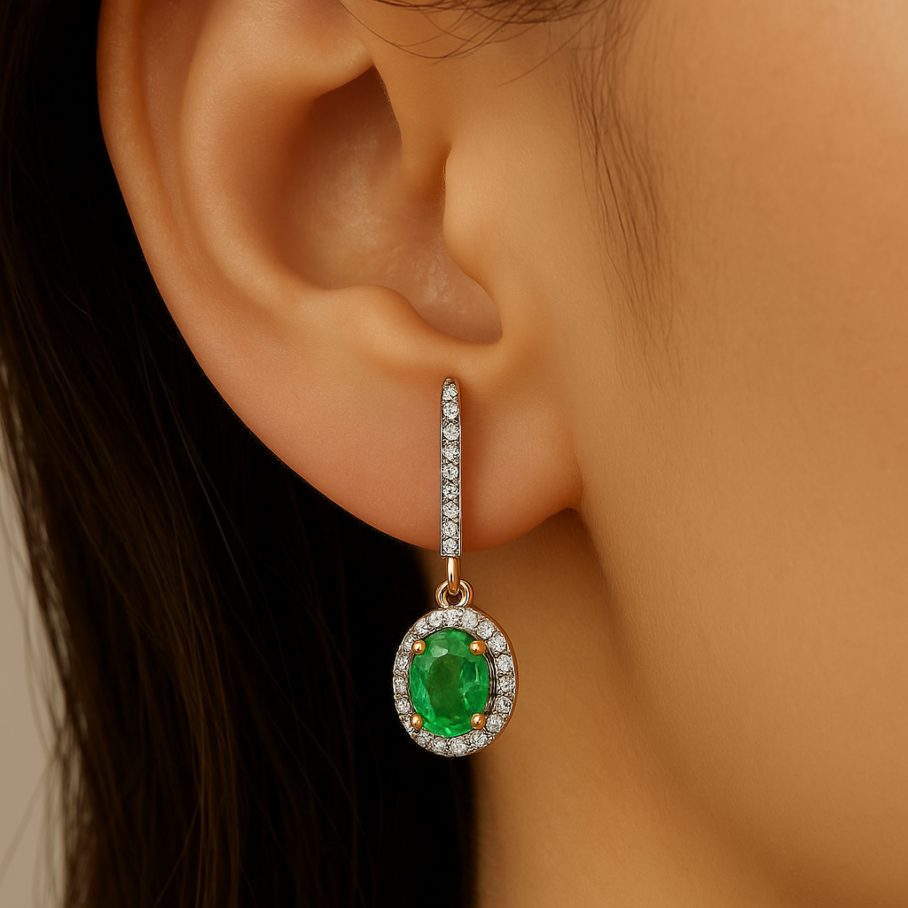 SPECIAL!.80ct G SI 14K Yellow Gold Diamond & Oval Emerald Gemstone Drop Earrings