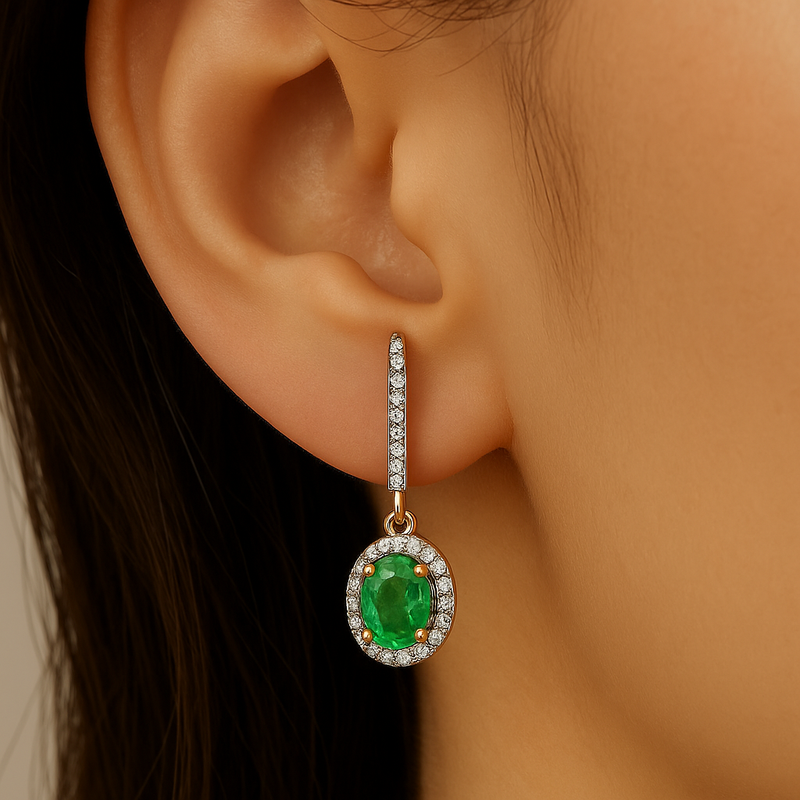 SPECIAL!.80ct G SI 14K Yellow Gold Diamond & Oval Emerald Gemstone Drop Earrings