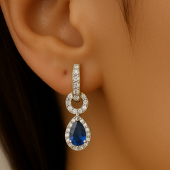 SPECIAL!.74ct G SI 14K White Gold Diamond & Pear Blue Sapphire Gemstone Drop Earrings