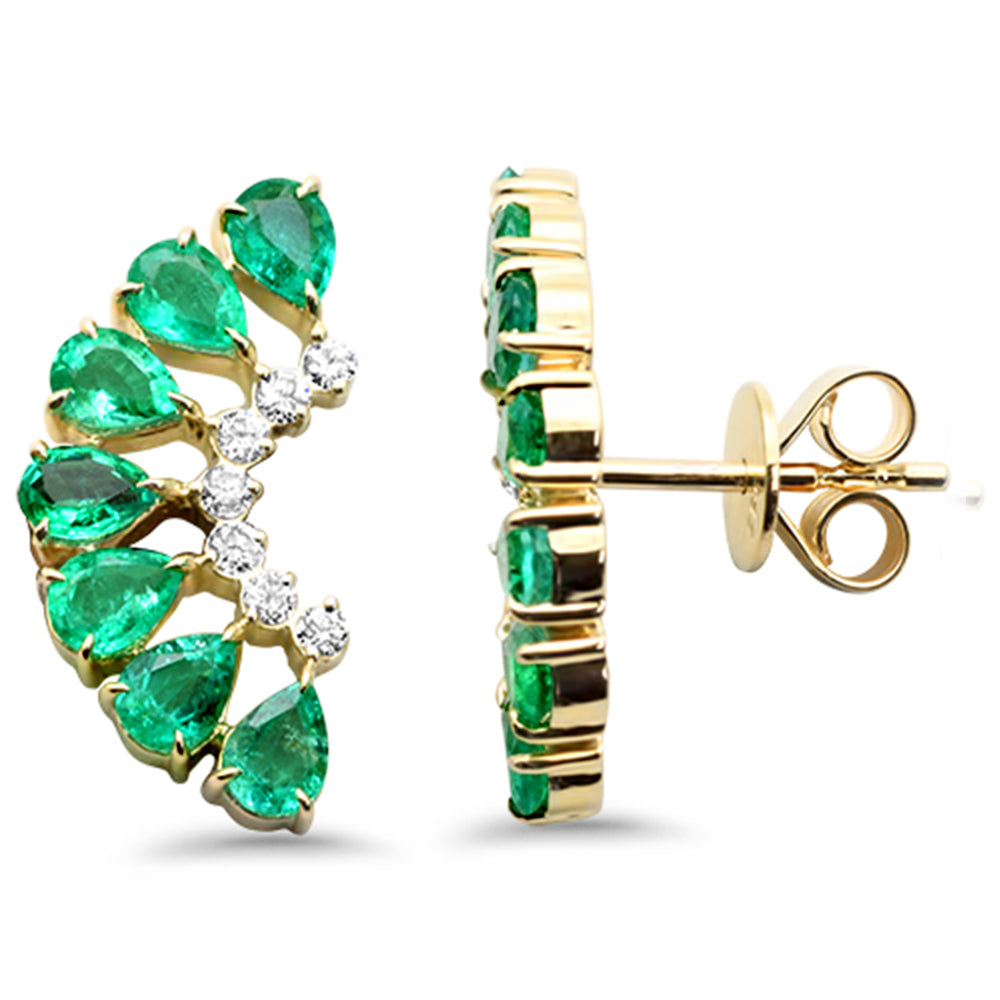 SPECIAL!2.06ct G SI 14K Yellow Gold Diamond & Pear Shape Emerald Gemstone Ear Crawler Earrings