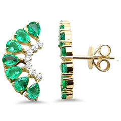 SPECIAL!2.06ct G SI 14K Yellow Gold Diamond & Pear Shape Emerald Gemstone Ear Crawler Earrings