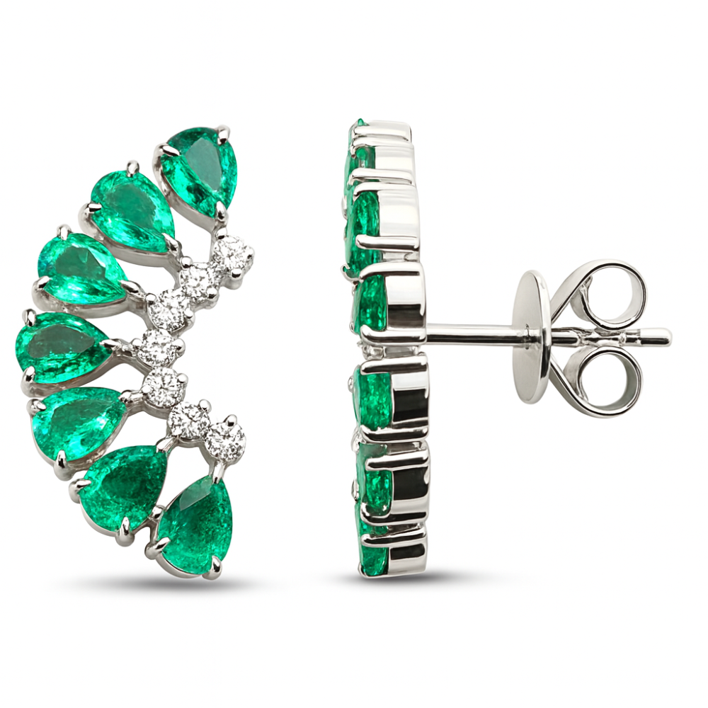 SPECIAL! 2.10ct G SI 14K White Gold Diamond & Pear Shape Emerald Gemstone Ear Crawler Earrings
