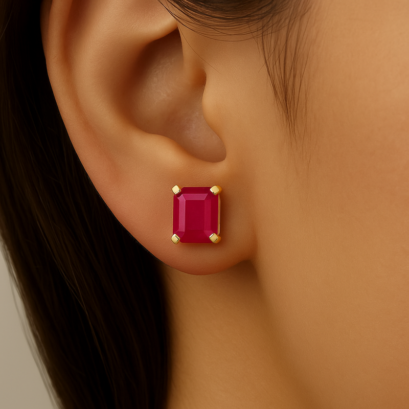 SPECIAL!1.11ct 14K Yellow Gold Radiant Cut Natural Ruby Earrings