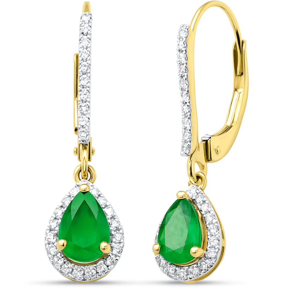 SPECIAL!.89ct G SI 14K Yellow Gold Round Diamond & Pear Shape Emerald Gemstone Drop Earrings