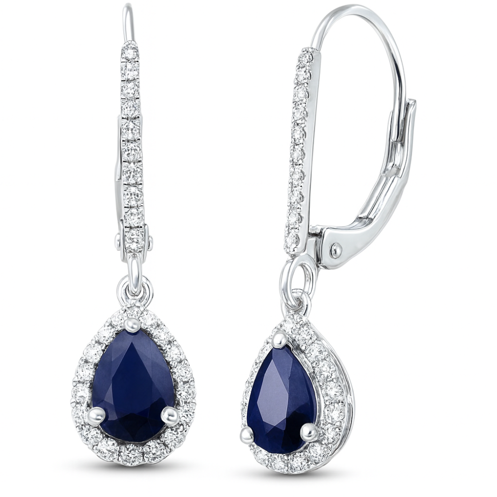 SPECIAL!1.04ct G SI 14K White Gold Diamond & Pear Shape Blue Sapphire Gemstone Dangle Earrings