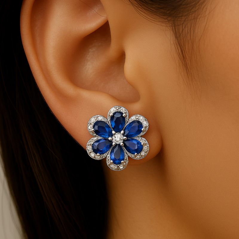 SPECIAL!2.75ct G SI 14K White Gold Diamond & Blue Sapphire Gemstone Flower Earrings