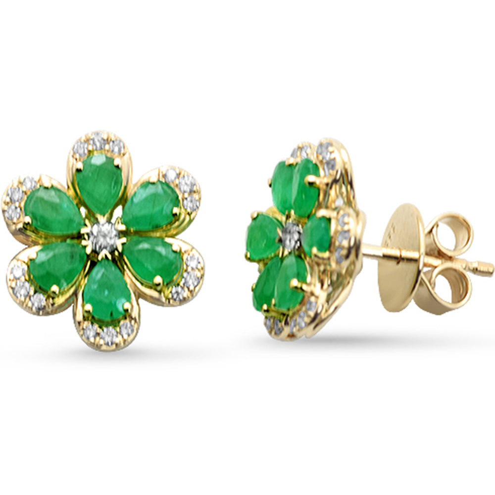SPECIAL!1.96ct G SI 14K Yellow Gold Diamond & Emerald Gemstone Flower Earrings