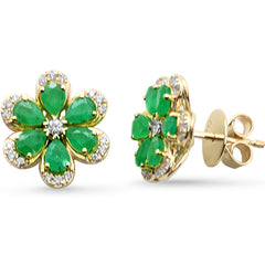 SPECIAL!1.96ct G SI 14K Yellow Gold Diamond & Emerald Gemstone Flower Earrings