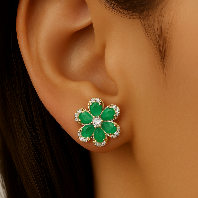 SPECIAL!1.96ct G SI 14K Yellow Gold Diamond & Emerald Gemstone Flower Earrings