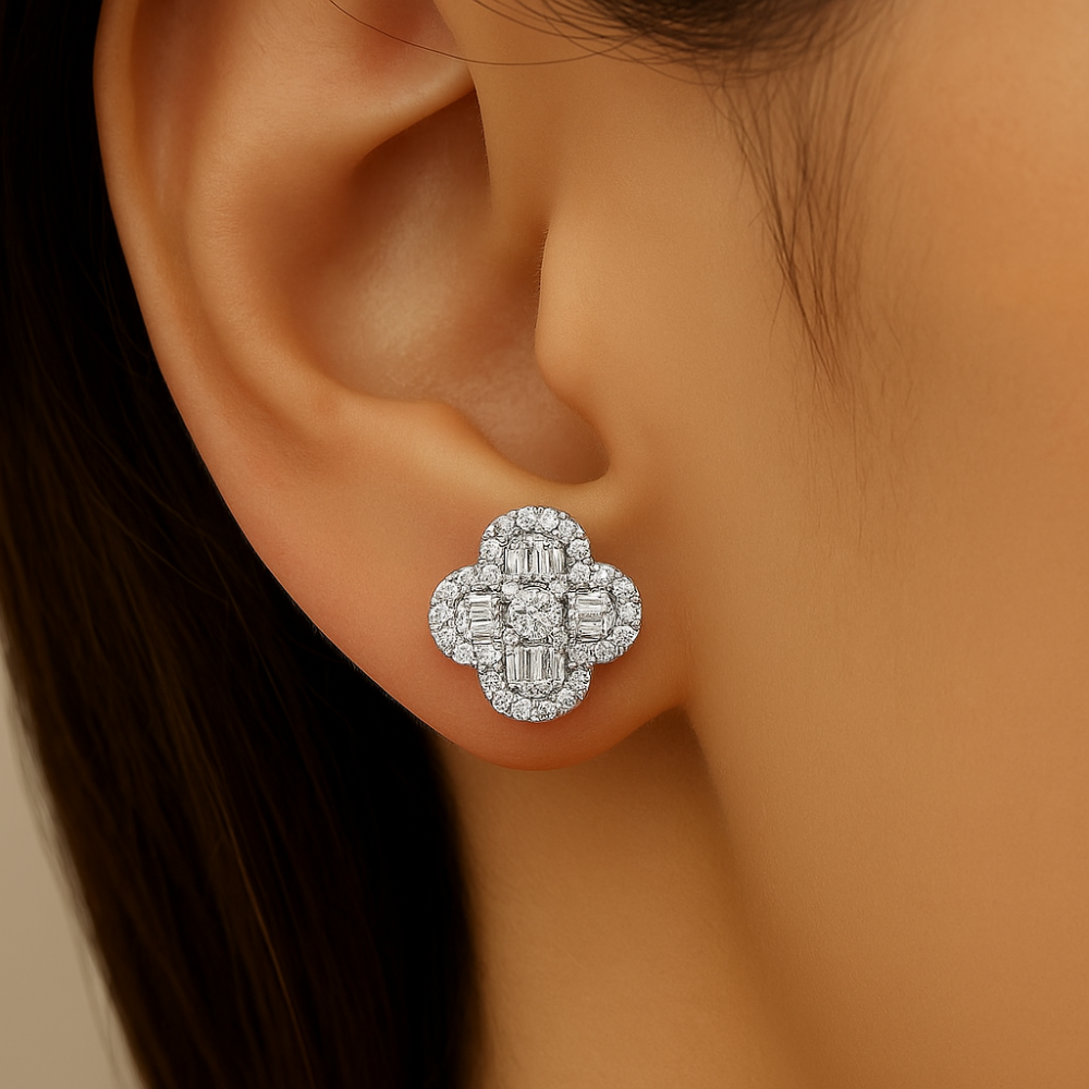 SPECIAL!.57ct G SI 14K White Gold Round & Baguette Diamond Clover Stud Earrings