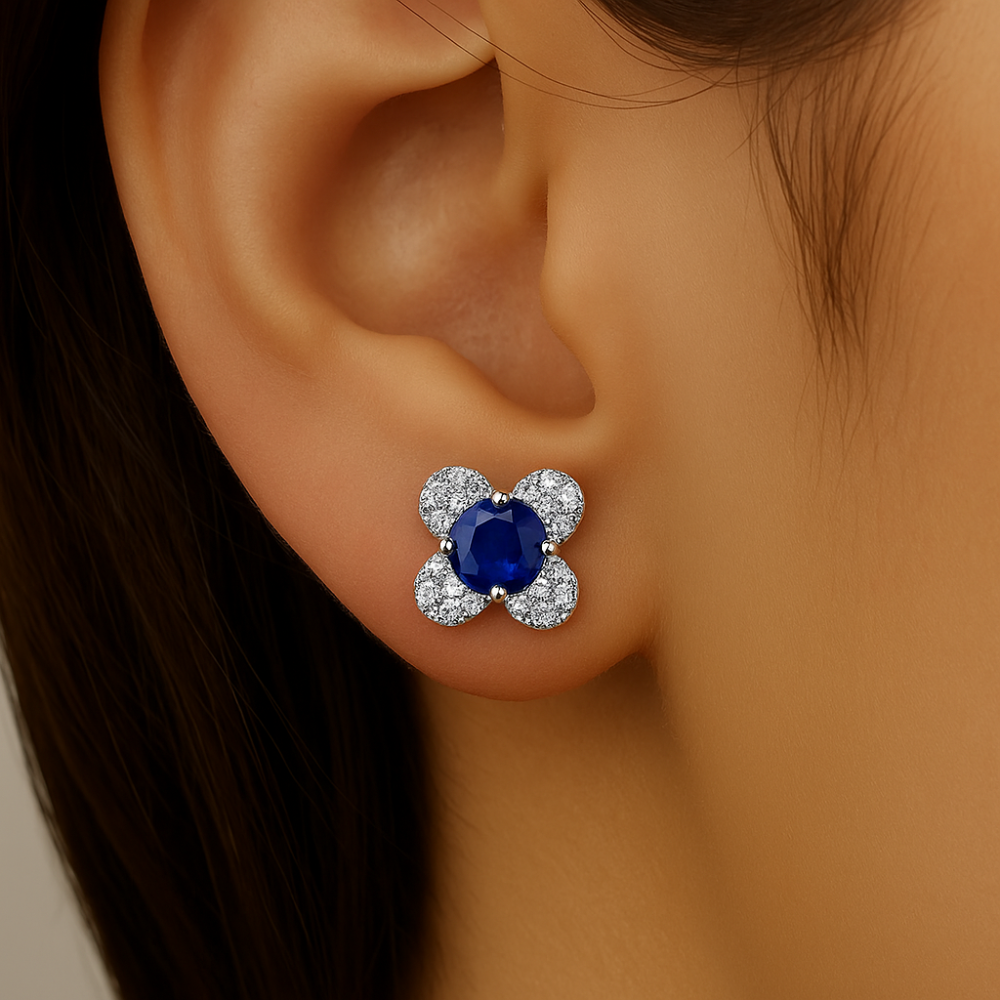 SPECIAL!.93ct G SI 14K White Gold Diamond & Blue Sapphire Gemstone Clover Earrings