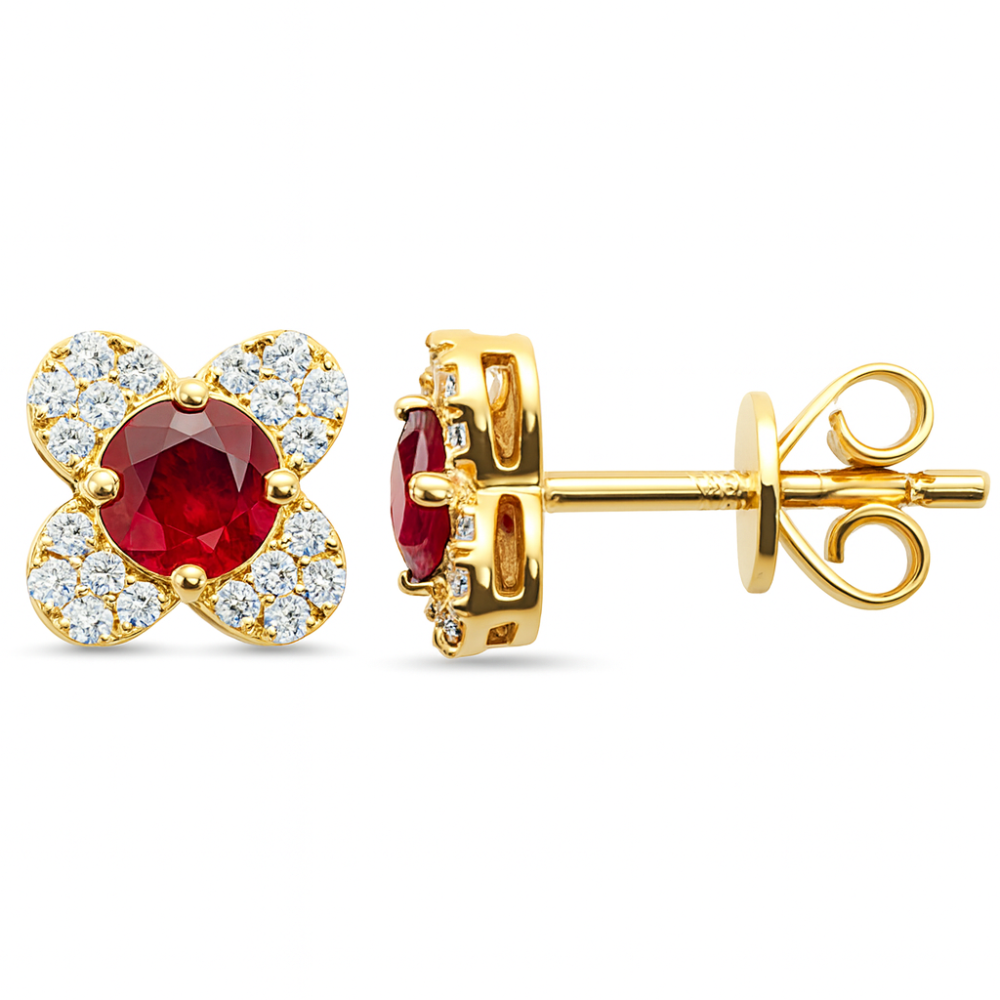 SPECIAL!.78ct G SI 14K Yellow Gold Diamond & Ruby Gemstone Clover Earrings