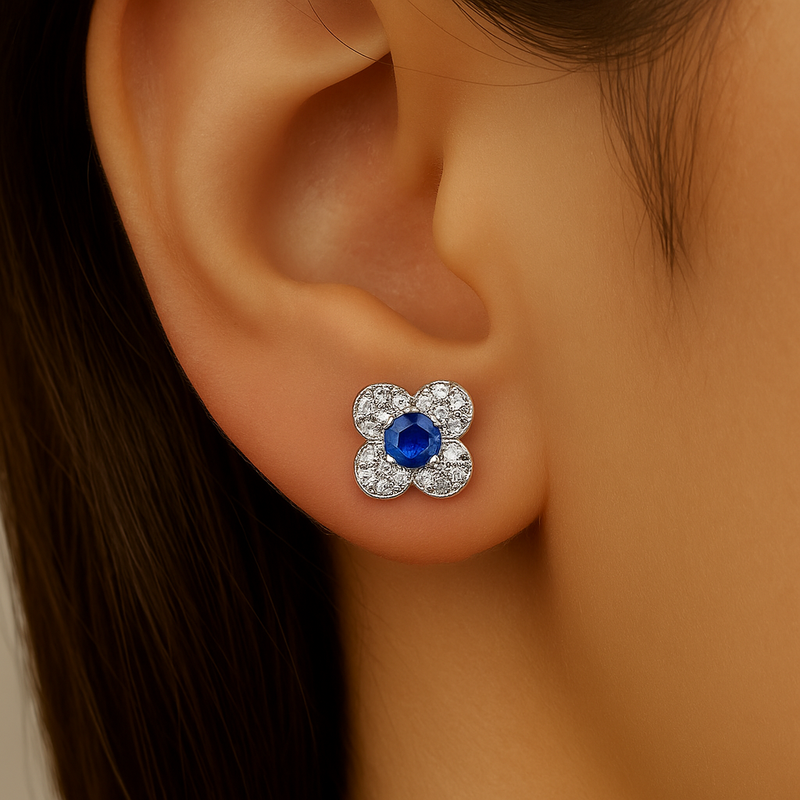 .32ct G SI 14K White Gold Diamond & Blue Sapphire Gemstone Petite Earrings
