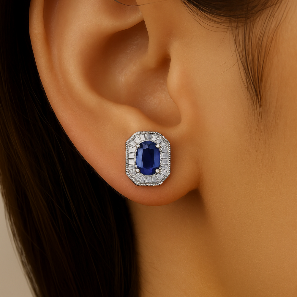 SPECIAL!.89ct G SI 14K White Gold Baguette Diamond & Blue Sapphire Gemstone Earrings