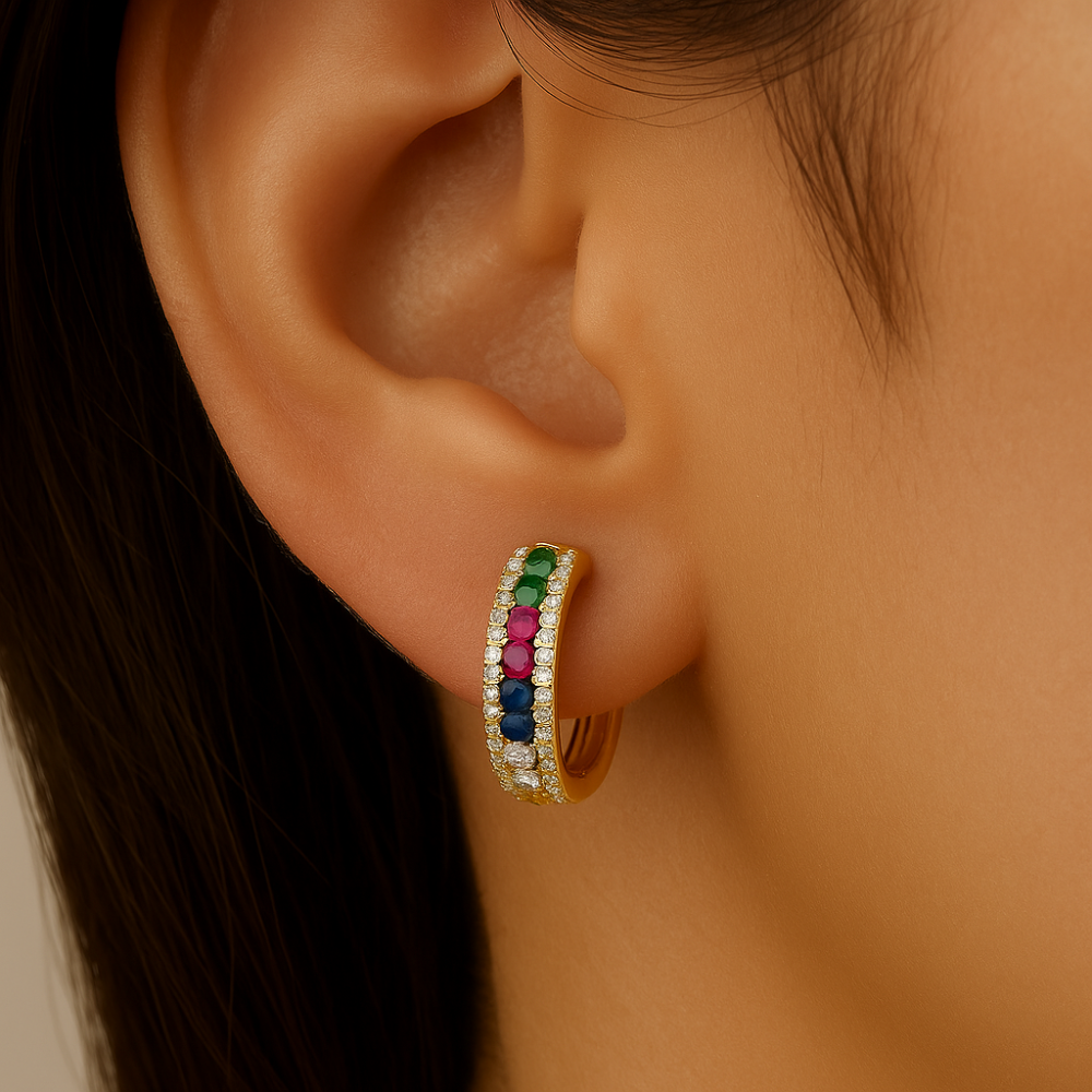 SPECIAL!.53ct G SI 14K Yellow Gold Diamond & Multicolor Gemstone Hoop Earrings