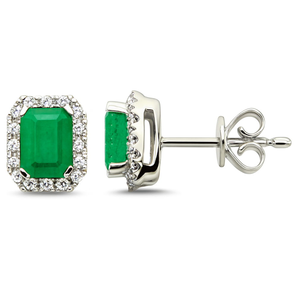 SPECIAL! 1.28ct G SI 14K White Gold Diamond & Emerald Gemstone Earrings