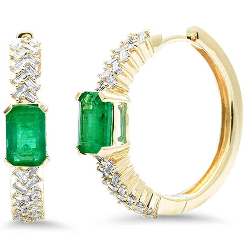 SPECIAL! 1.60ct G SI 14K Yellow Gold Diamond & Emerald Gemstone Hoop Earrings