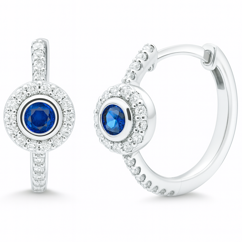 SPECIAL!.52ct G SI 14K White Gold Diamond & Blue Sapphire Gemstone Halo Hoop Earrings
