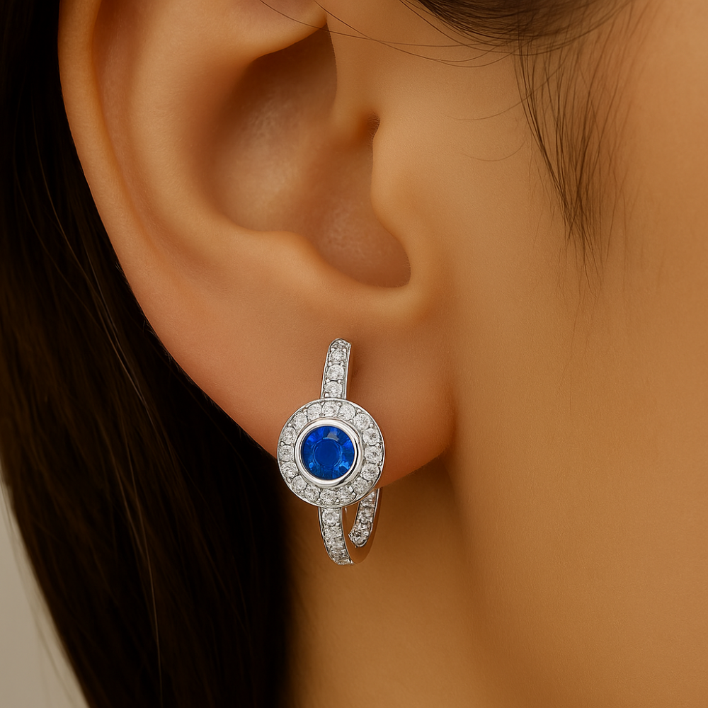 SPECIAL!.52ct G SI 14K White Gold Diamond & Blue Sapphire Gemstone Halo Hoop Earrings