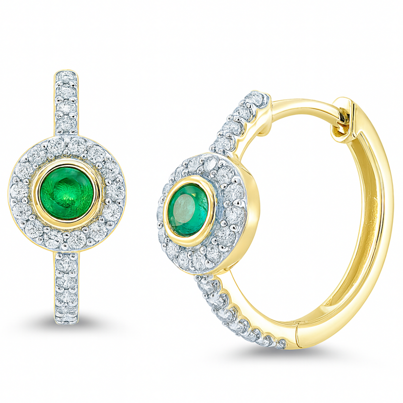 SPECIAL!.45ct G SI 14K Yellow Gold Diamond & Emerald Gemstone Halo Hoop Earrings