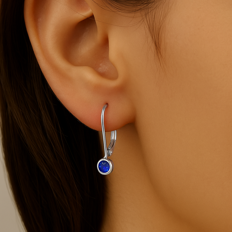 .28ct G SI 14K White Gold Blue Sapphire Gemstone Bezel Set Lever Back Earrings