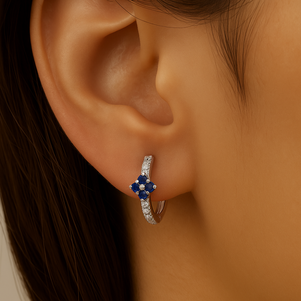 SPECIAL!.46ct G SI 14KT White Gold Diamond & Blue Sapphire Gemstone Hoop Earrings