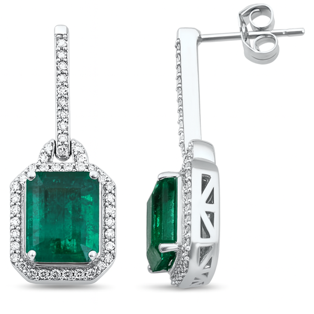 SPECIAL!4.89ct G SI 14K White Gold Diamond & Emerald Gemstone Drop Earrings