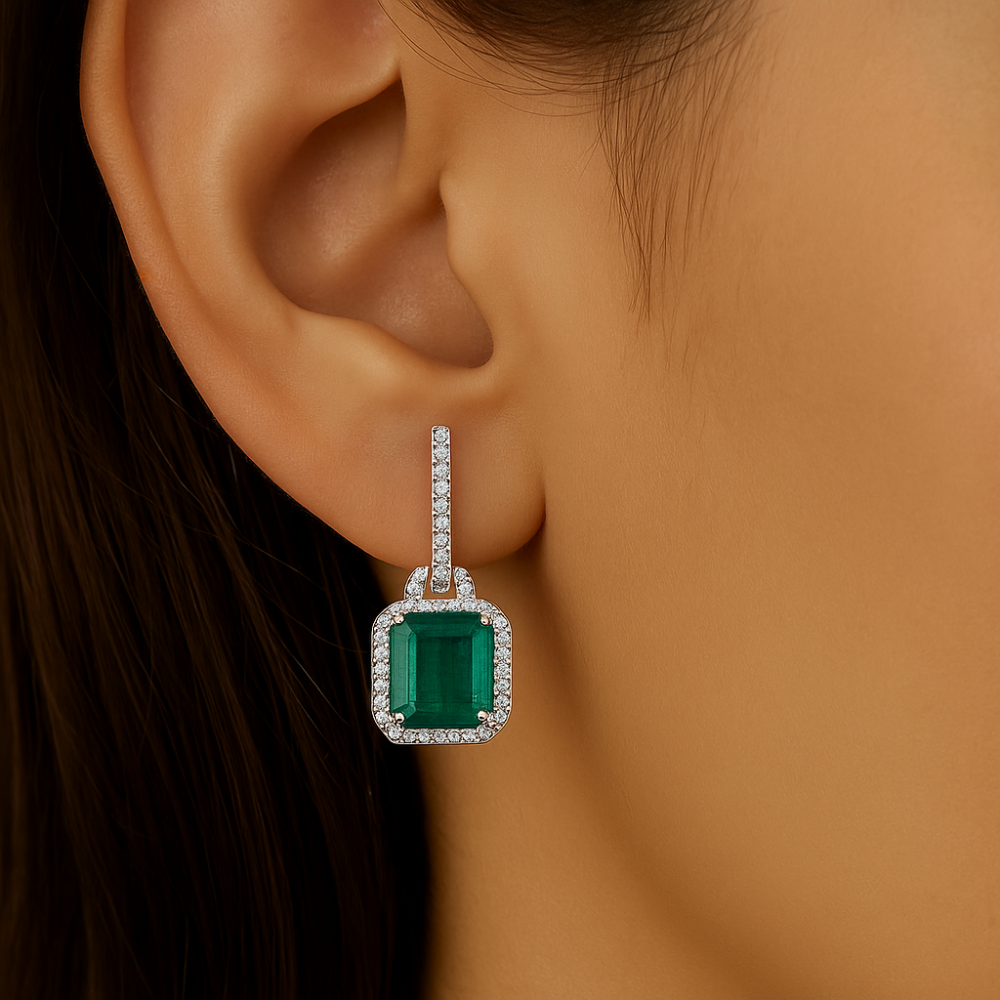 SPECIAL!4.89ct G SI 14K White Gold Diamond & Emerald Gemstone Drop Earrings