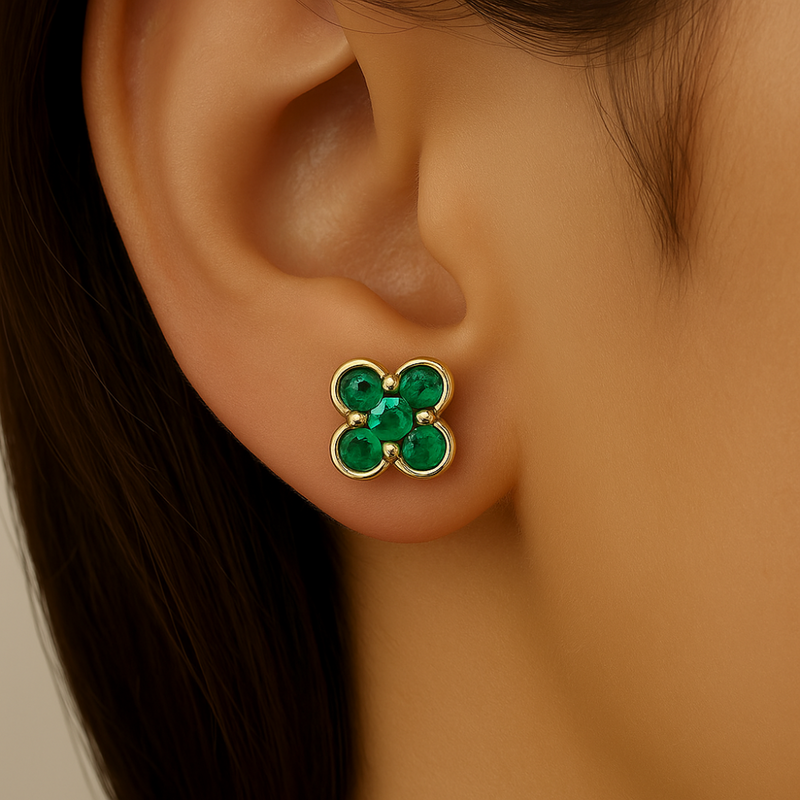 .22ct  G SI 14K Yellow Gold Clover Emerald Gemstone Earrings