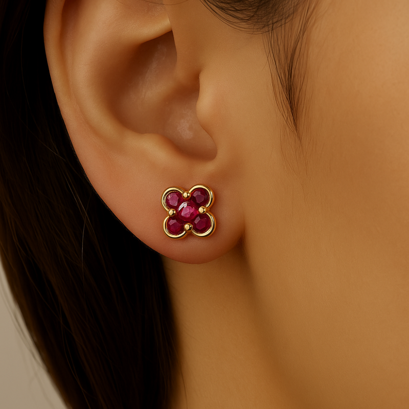 .30ct G SI 14K Yellow Gold Clover Ruby Gemstone Stud Earrings
