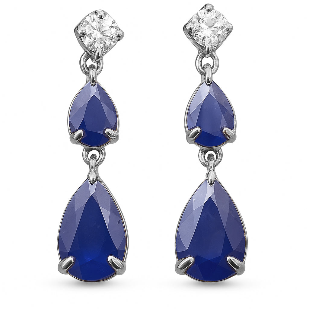 SPECIAL!1.39ct G SI 14K White Gold Diamond & Pear Shape Blue Sapphire Gemstone Tear Drop Earrings