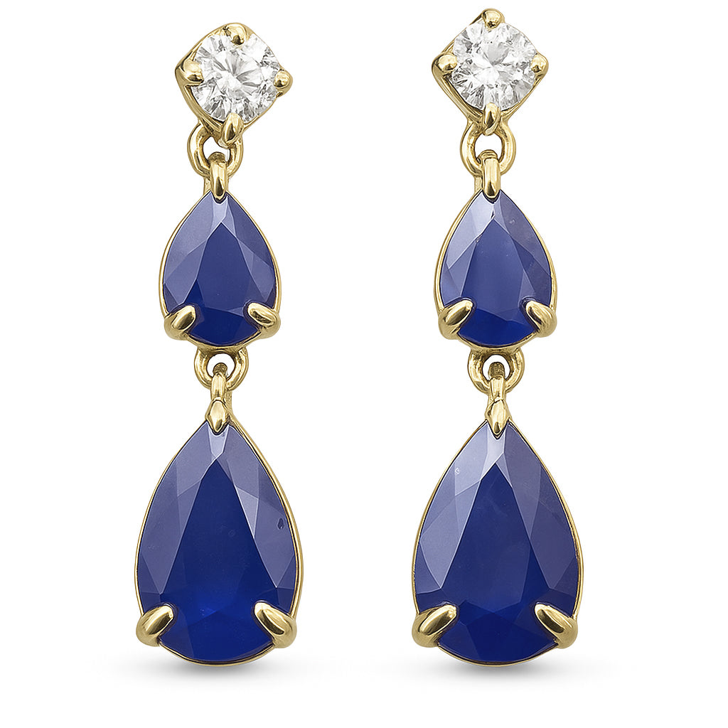 SPECIAL!1.42ct G SI 14K Yellow Gold Diamond & Pear Shape Blue Sapphire Gemstone Drop Earrings