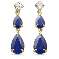 SPECIAL!1.42ct G SI 14K Yellow Gold Diamond & Pear Shape Blue Sapphire Gemstone Drop Earrings