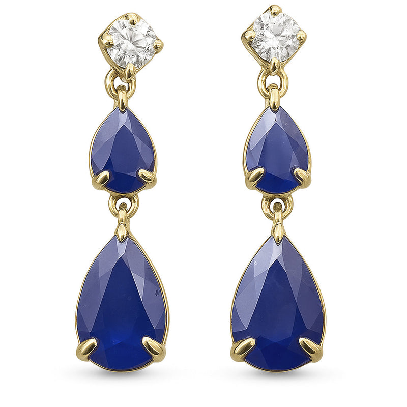 SPECIAL!1.42ct G SI 14K Yellow Gold Diamond & Pear Shape Blue Sapphire Gemstone Drop Earrings