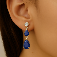 SPECIAL!1.42ct G SI 14K Yellow Gold Diamond & Pear Shape Blue Sapphire Gemstone Drop Earrings