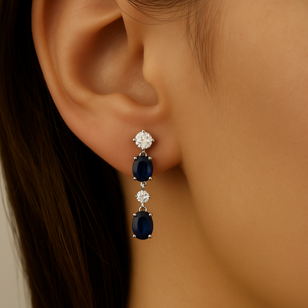 SPECIAL!1.22ct G SI 14K White Gold Diamond & Blue Sapphire Gemstone Drop Earrings