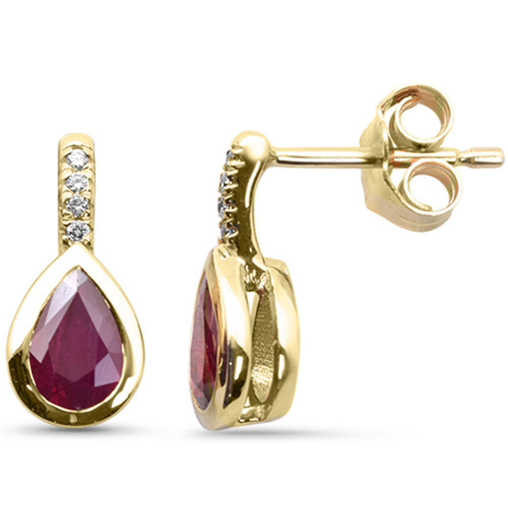 SPECIAL!1.28ct G SI 14K Yellow Gold Diamond & Pear Shape Ruby Gemstone Drop Earrings