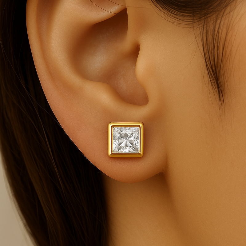 SPECIAL!1.06ct G SI 14K Yellow Gold Bezel Set Princess Cut Diamond Stud Earrings