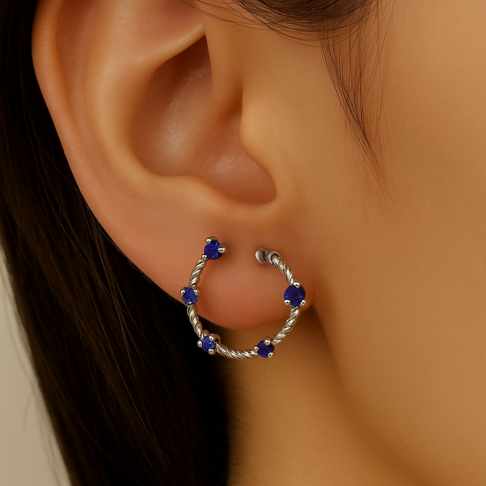 SPECIAL! .21ct G SI 14K White Gold Blue Sapphire Gemstone Open Hoop Earrings