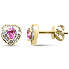 SPECIAL! .61ct G SI 14K Yellow Gold Diamond & Pink Sapphire Gemstone Heart Shape Earrings