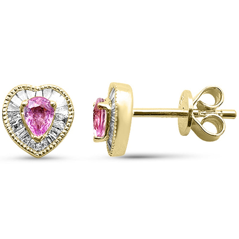 SPECIAL! .61ct G SI 14K Yellow Gold Diamond & Pink Sapphire Gemstone Heart Shape Earrings
