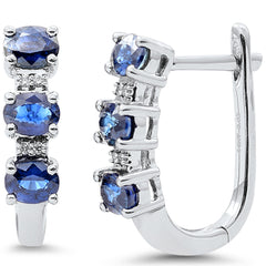 SPECIAL!1.26ct G SI 14K White Gold Diamond & Blue Sapphire Gemstone J Hoop Earrings