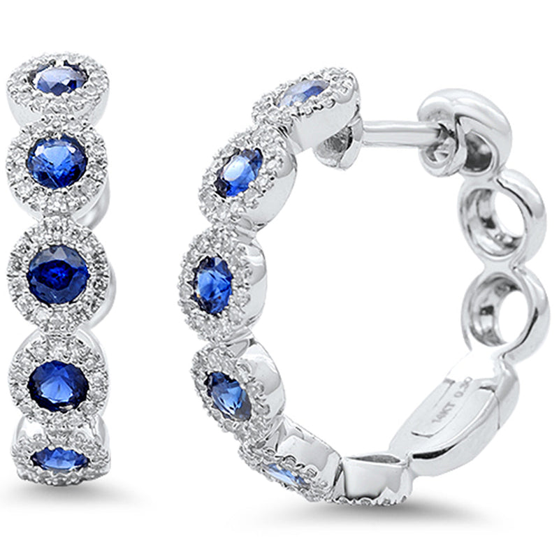 SPECIAL!1.15ct G SI 14K White Gold Diamond & Blue Sapphire Gemstone Hoop Earrings