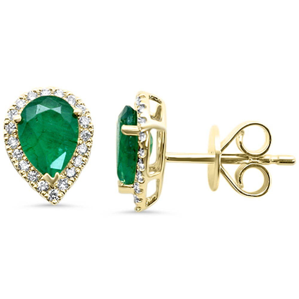 SPECIAL!1.43ct G SI 14K Yellow Gold Diamond & Emerald Gemstone Pear Teardrop Stud Earrings